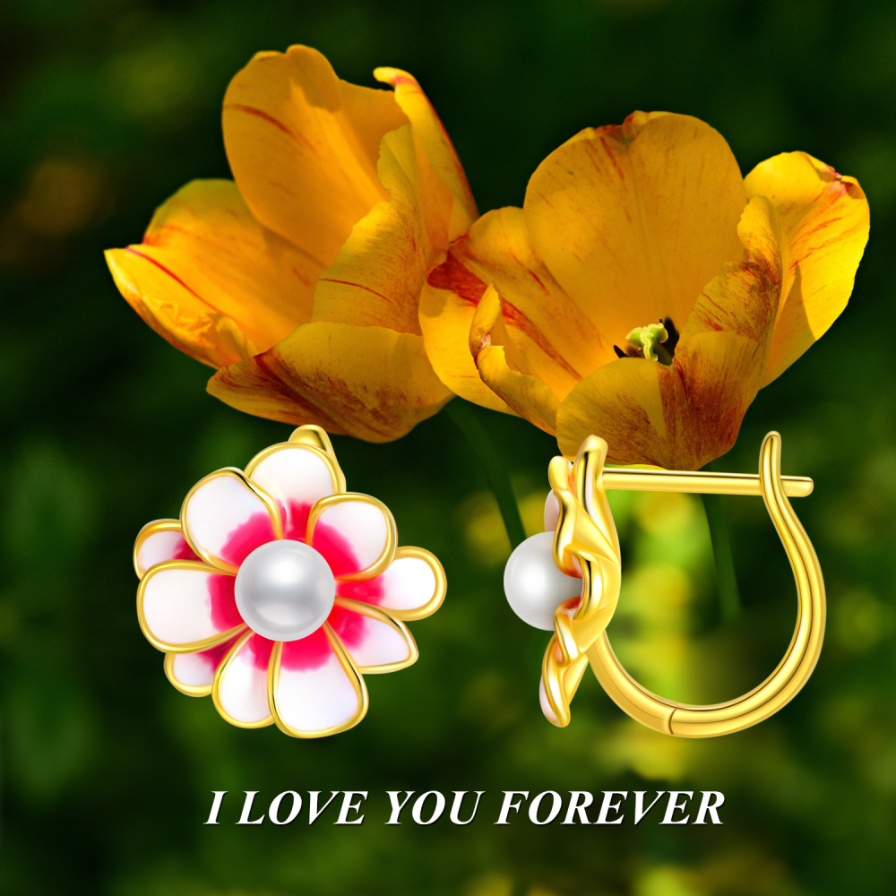 Oorbellen met ronde parels en wilde bloemen van sterlingzilver met verguld geelgoud-5