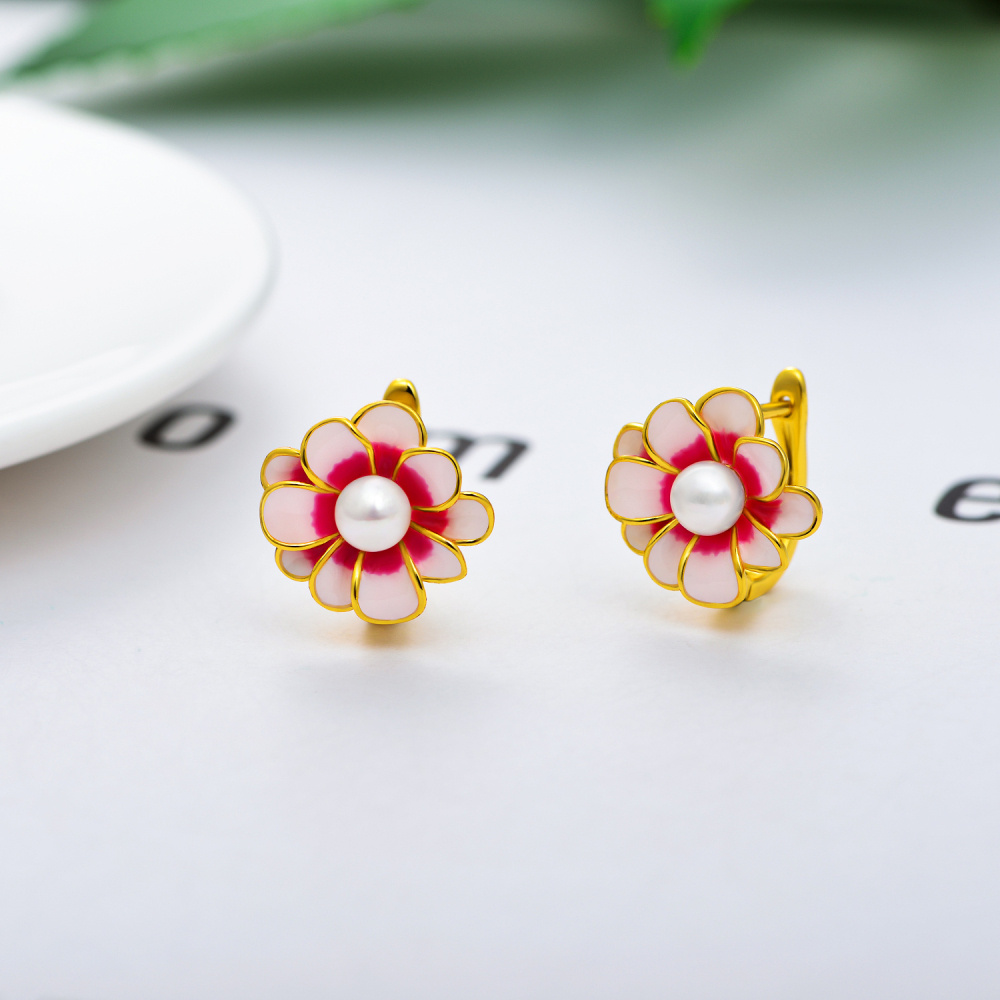 Oorbellen met ronde parels en wilde bloemen van sterlingzilver met verguld geelgoud-3