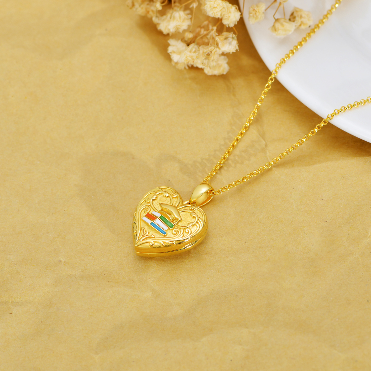 Gold Vermei Butterfly & Heart Trencher Cap Personalized Photo Locket Necklace-2