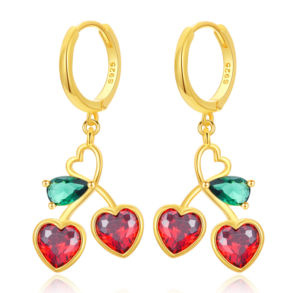 Brincos de gota de coração de cereja de vermeil de ouro para mulheres-1