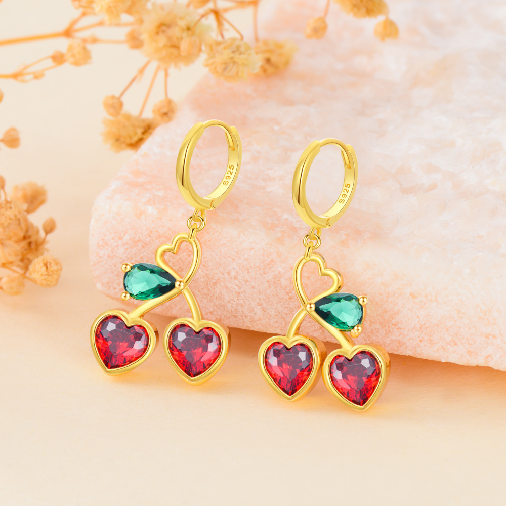Brincos de gota de coração de cereja de vermeil de ouro para mulheres-4