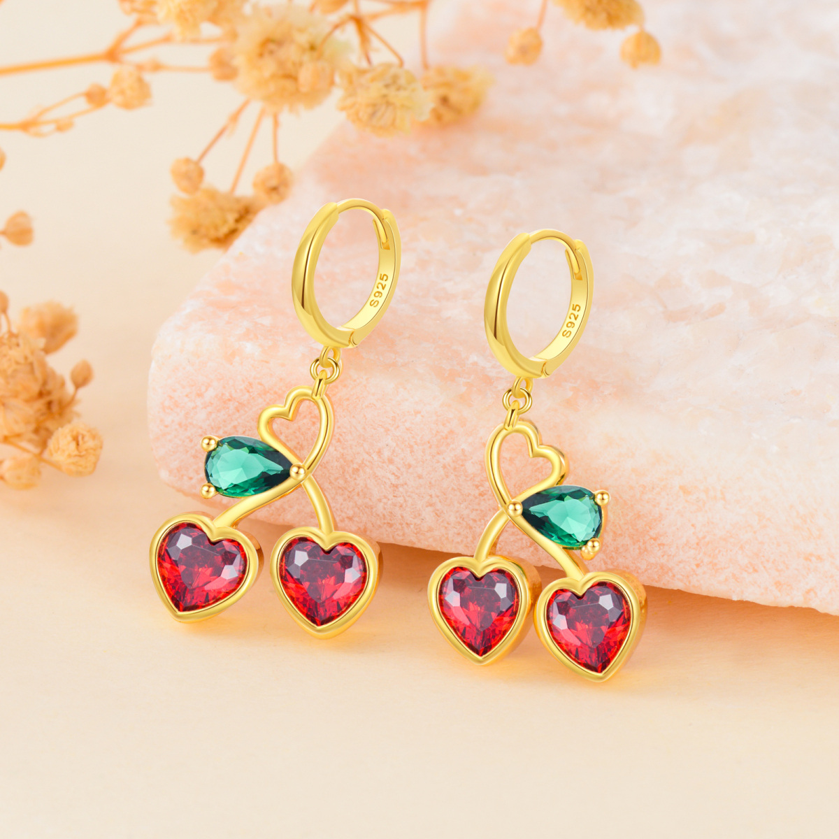 Gold Vermeil Cherry Heart Drop Earrings for Women-4