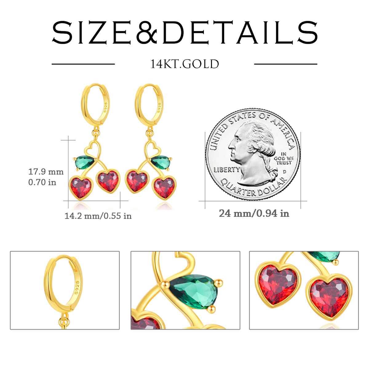 Gold Vermeil Cherry Heart Drop Earrings for Women-5