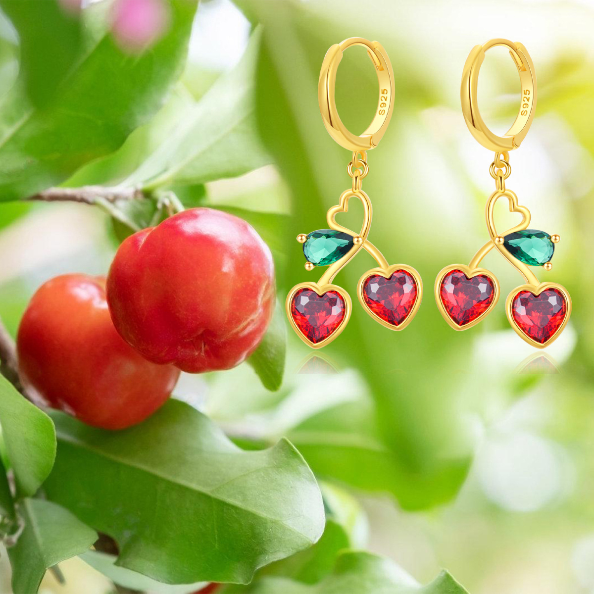 Gold Vermeil Cherry Heart Drop Earrings for Women-6