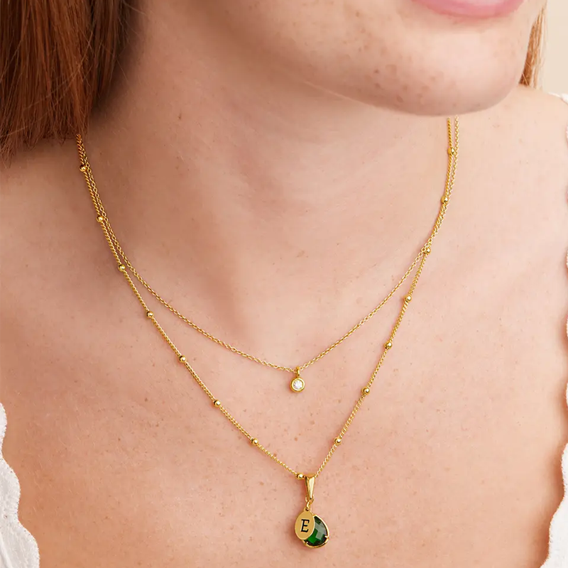 Personalized Initial Letter Necklace with Birthstone Gold Vermeil for Women-2