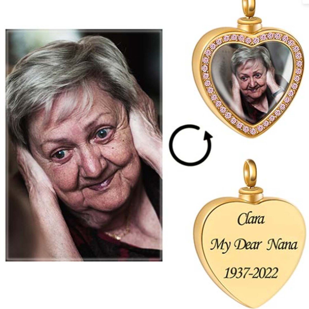 Collar de urna con foto personalizada para cenizas con grabado en oro vermeil-3