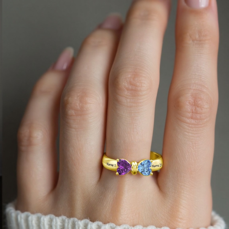 Anillo con lazo y grabado personalizado de piedra natal en forma de corazón, chapado en oro vermeil.-2