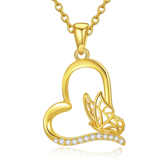 Collier en or vermeil avec pendentif en forme de cœur et papillon en zircone cubique pour femme