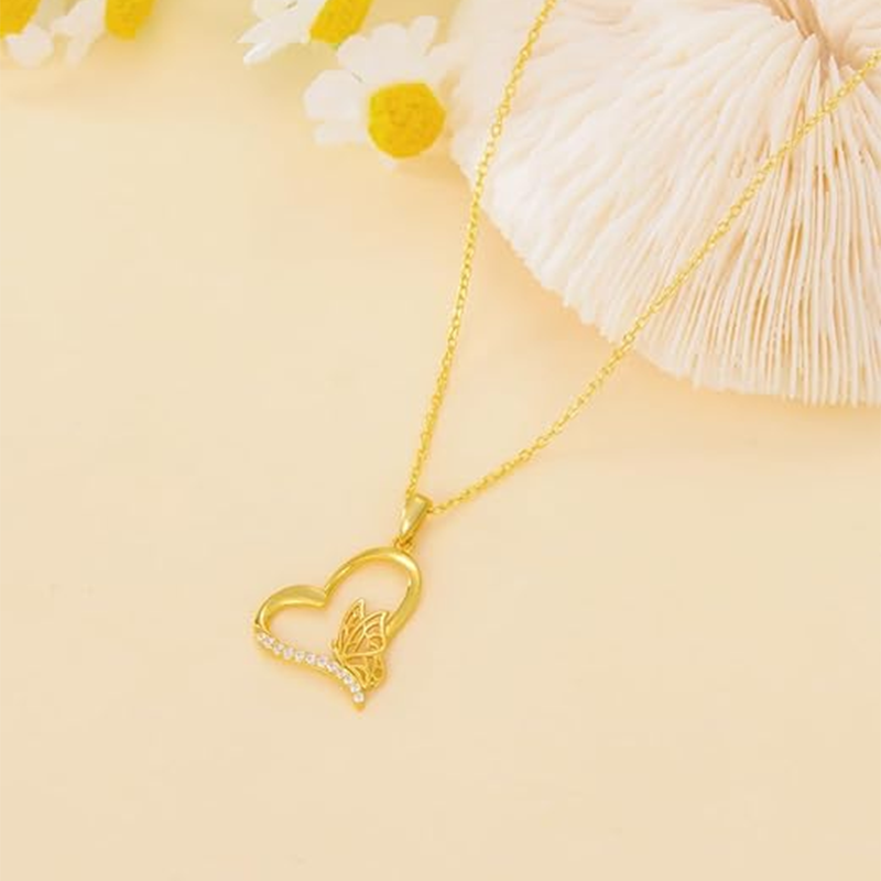 Colar de senhora com coração de borboleta e zircónias cúbicas em ouro vermeil-3