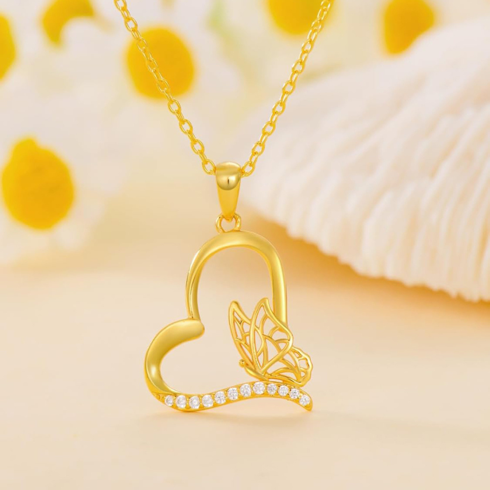Colar de senhora com coração de borboleta e zircónias cúbicas em ouro vermeil-4