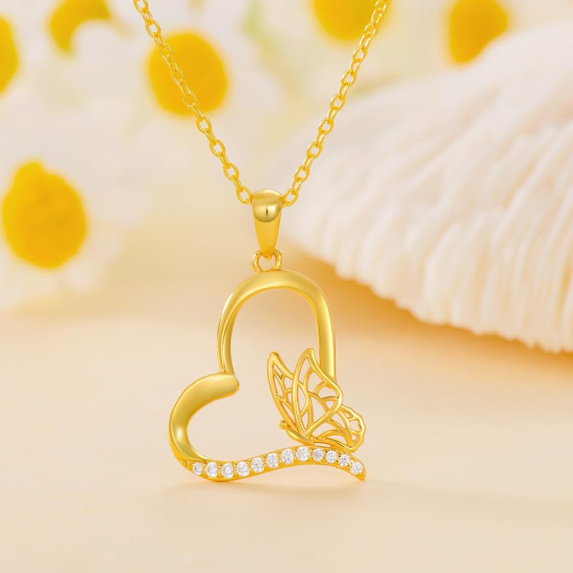 Gold Vermeil Cubic Zirconia Butterfly & Heart Necklace for Women-4