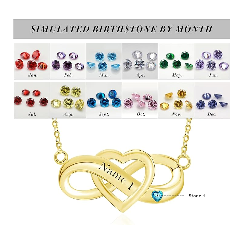 Colar com pendente personalizado com símbolo do infinito e gravura em pedra de nascimento, banhado a ouro amarelo e zircónias cúbicas-4