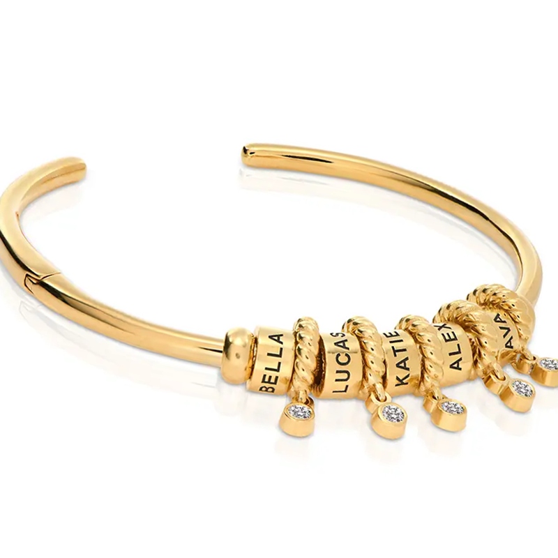 Bracciale rigido con ciondolo in zirconia cubica rotonda con incisione personalizzata in oro vermeil per donna-2