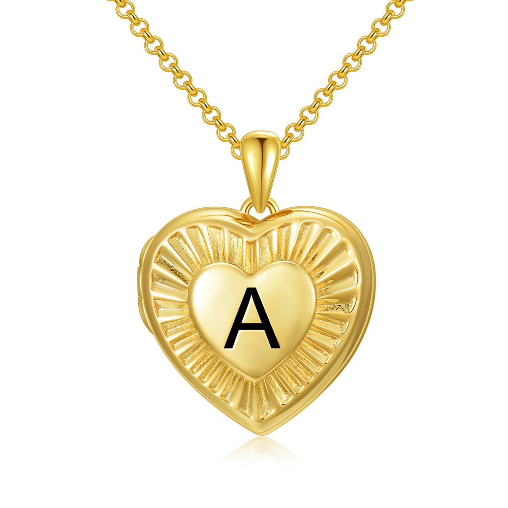 Colar com pingente de foto de coração inicial personalizado em ouro vermeil para mulheres-1
