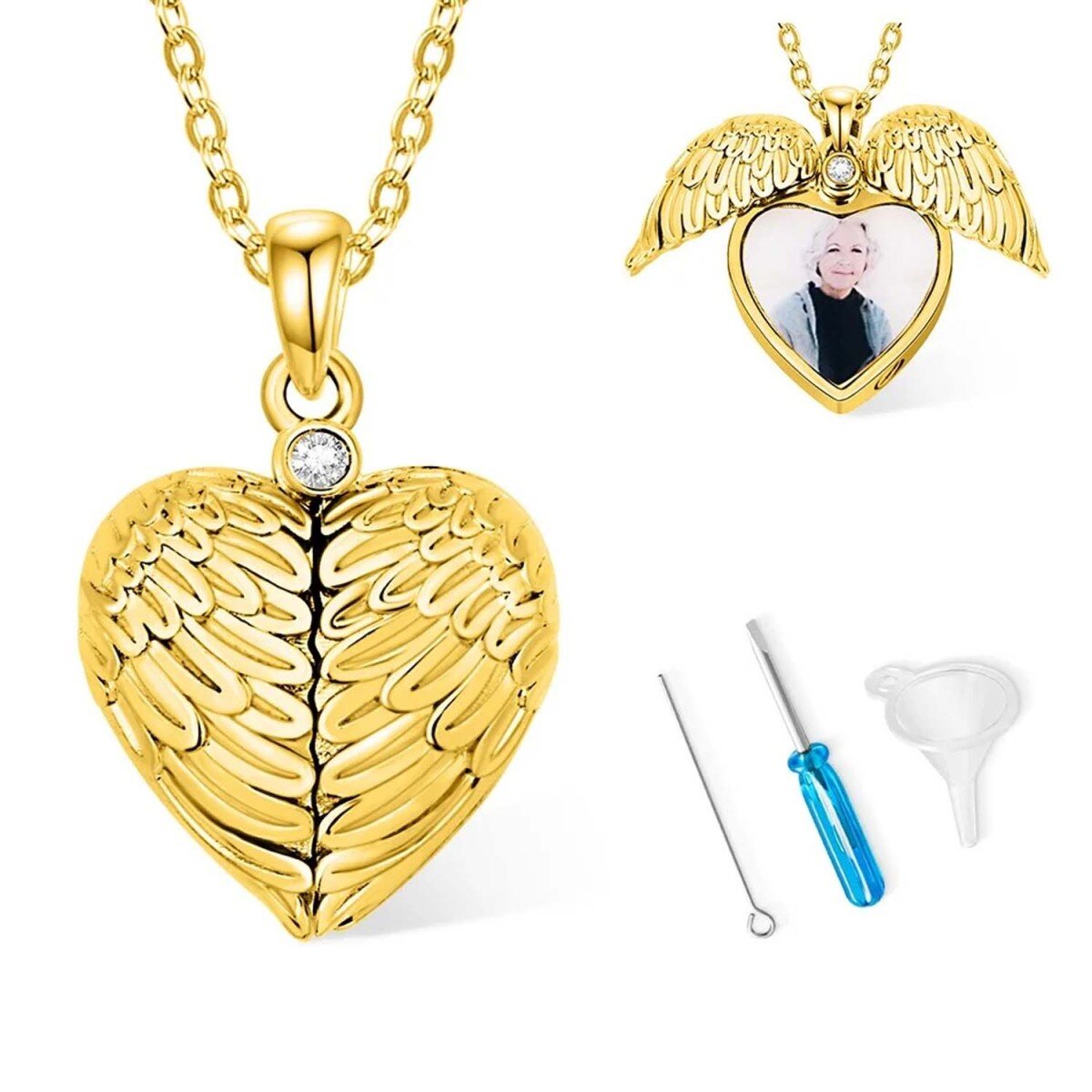 Collar de urna de ala de ángel con foto personalizada de circonita cúbica vermeil de oro para cenizas-1