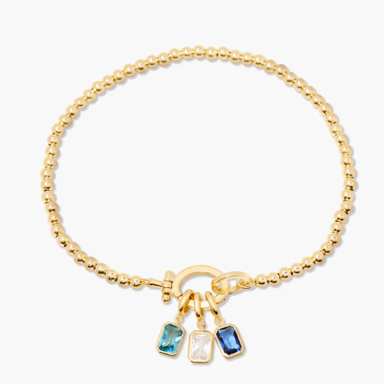 Gold Vermeil Princess Cut Personalized Birthstone & Mother & Sisters Metal Beads Bracelet