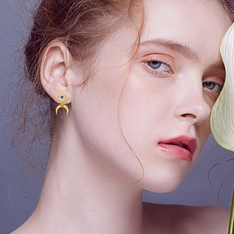 Boucles d'oreilles pendantes en or vermeil avec zircone cubique bleu et lune pour femme-2