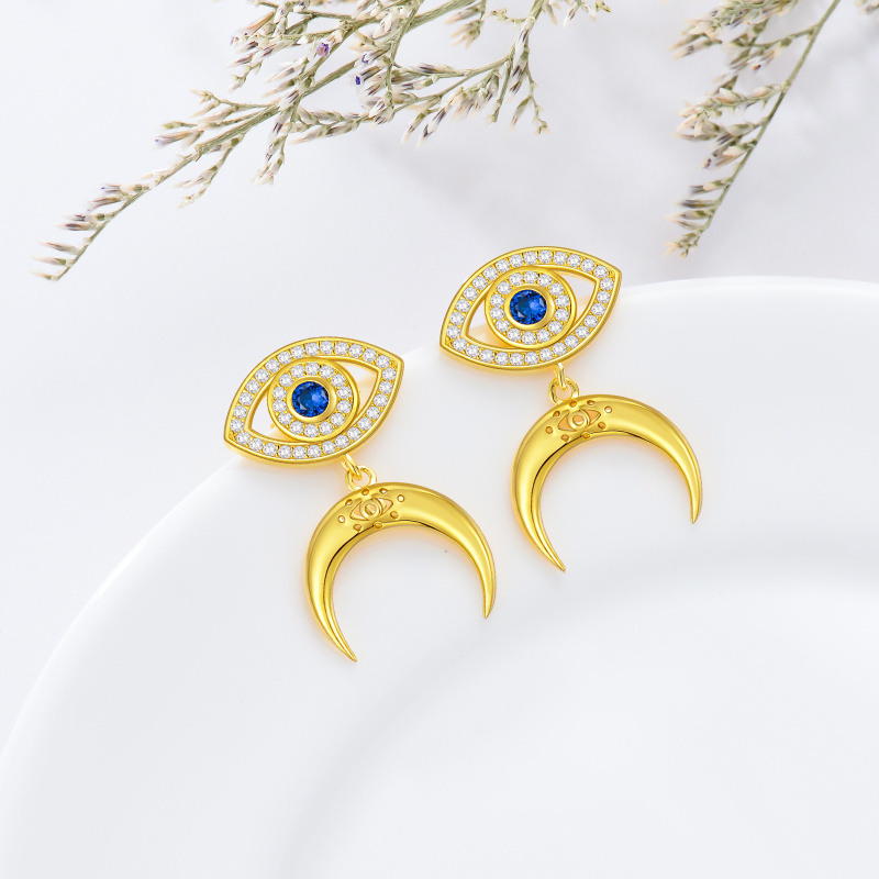 Boucles d'oreilles pendantes en or vermeil avec zircone cubique bleu et lune pour femme-3