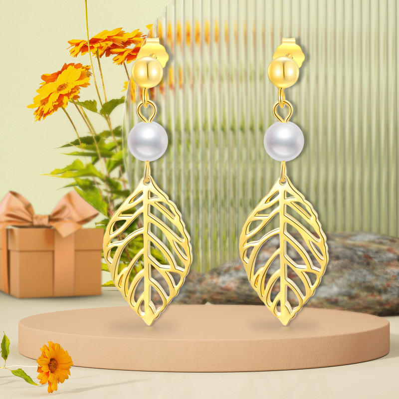 Pendientes colgantes de hojas de perla circulares de oro vermeil para mujer-6