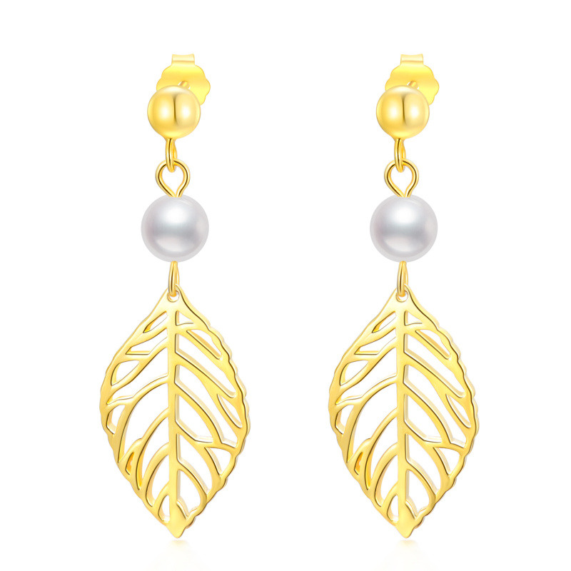 Pendientes colgantes de hojas de perla circulares de oro vermeil para mujer-1