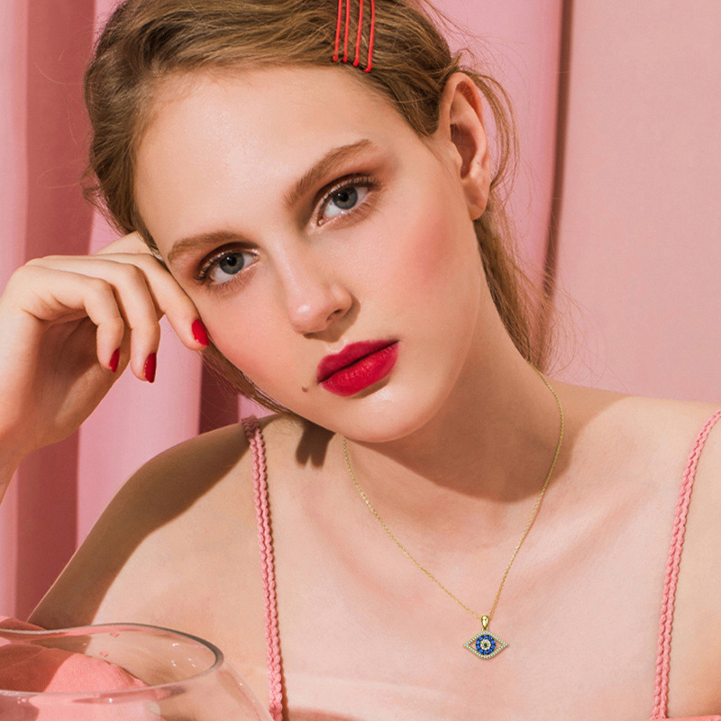 Collar de cadena con forma de ojo malvado y circonita cúbica bañada en oro para mujer-2