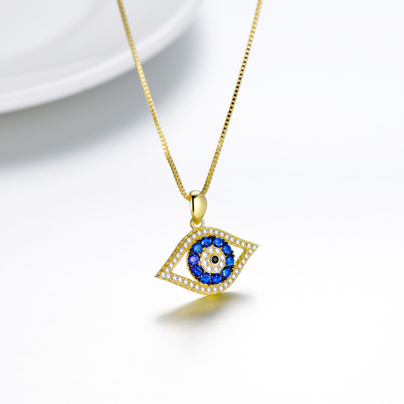 Collar de cadena con forma de ojo malvado y circonita cúbica bañada en oro para mujer-3