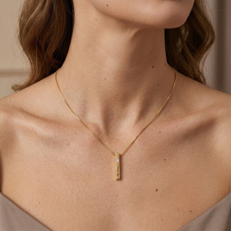 Gold Vermeil Personalized Birthstone Name Box Chain Bar Necklace for Women Men-3