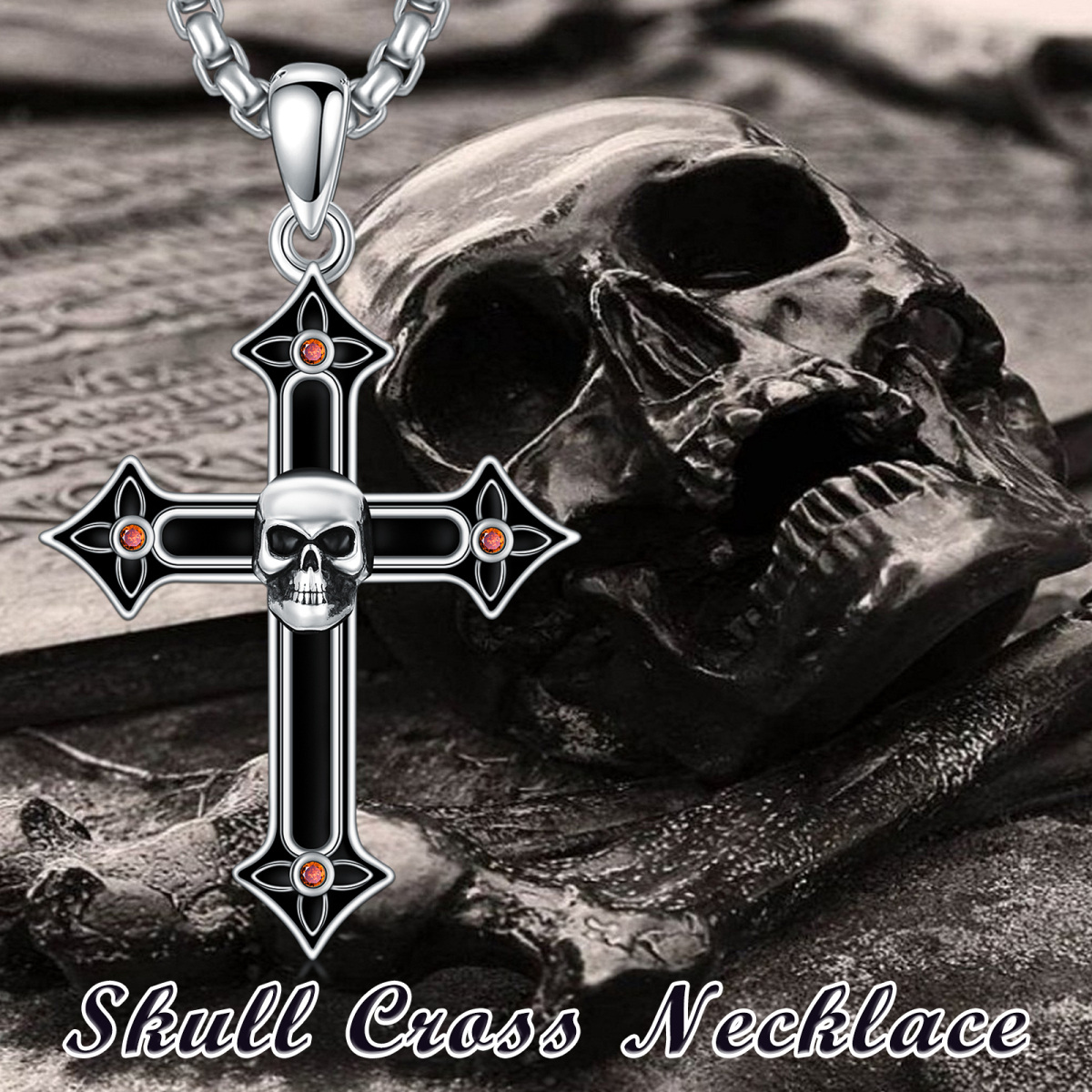 Collier gothique avec croix noire et tête de mort pour homme en argent sterling 925, bijoux d'Halloween pour femme-3