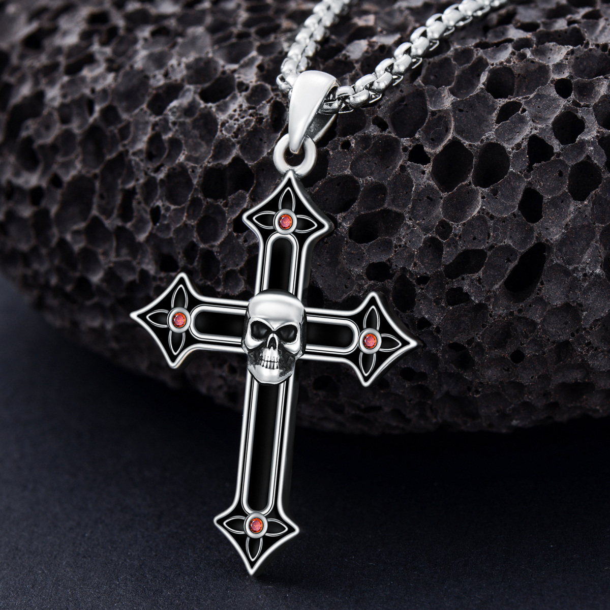 Gothic Black Cross Skull Necklace for Men 925 Sterling Silver Halloween Jewelry for Women-4