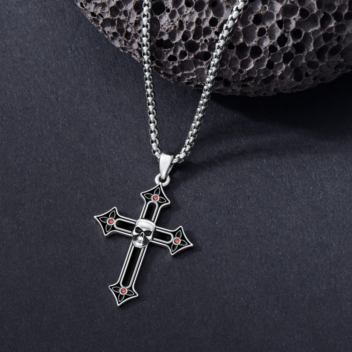 Gothic Black Cross Skull Necklace for Men 925 Sterling Silver Halloween Jewelry for Women-5