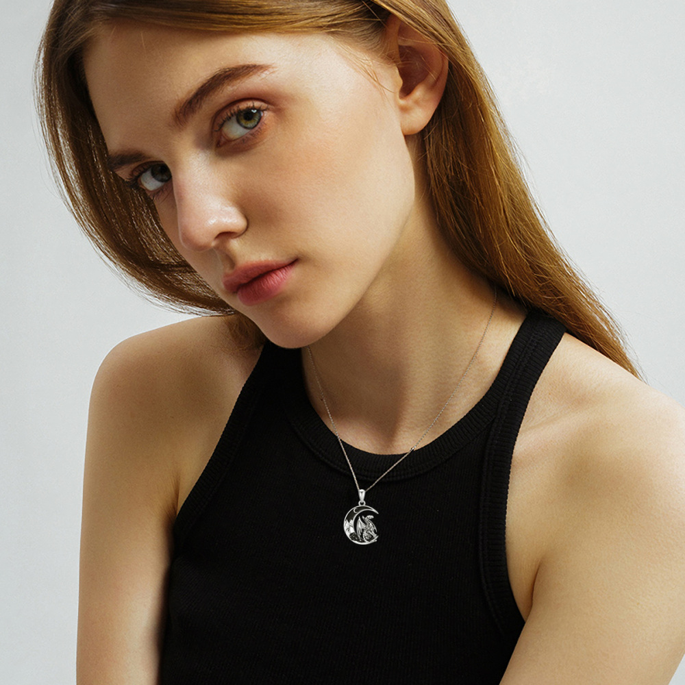 Sterling Silver Dragon & Moon Necklace for Women-2