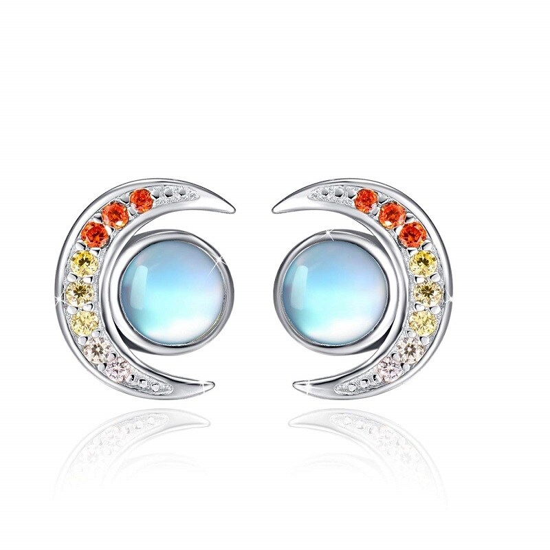 Sterling Silver Moonstone Moon Stud Earrings-1