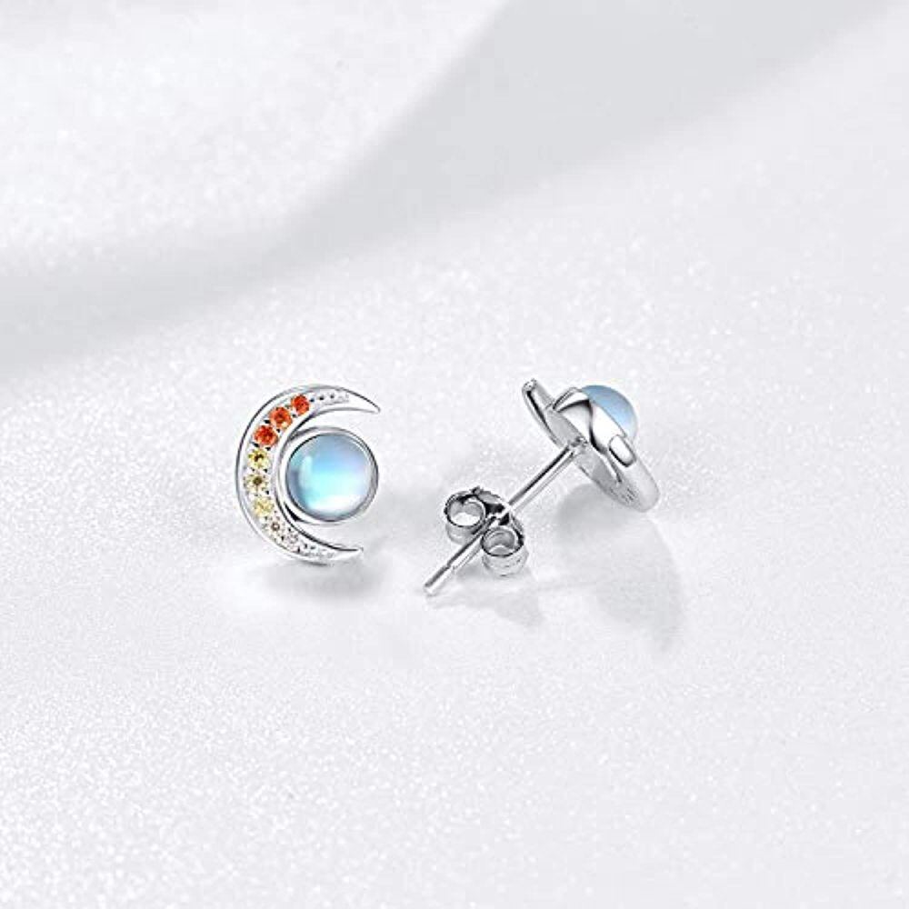 Sterling Silver Moonstone Moon Stud Earrings-4