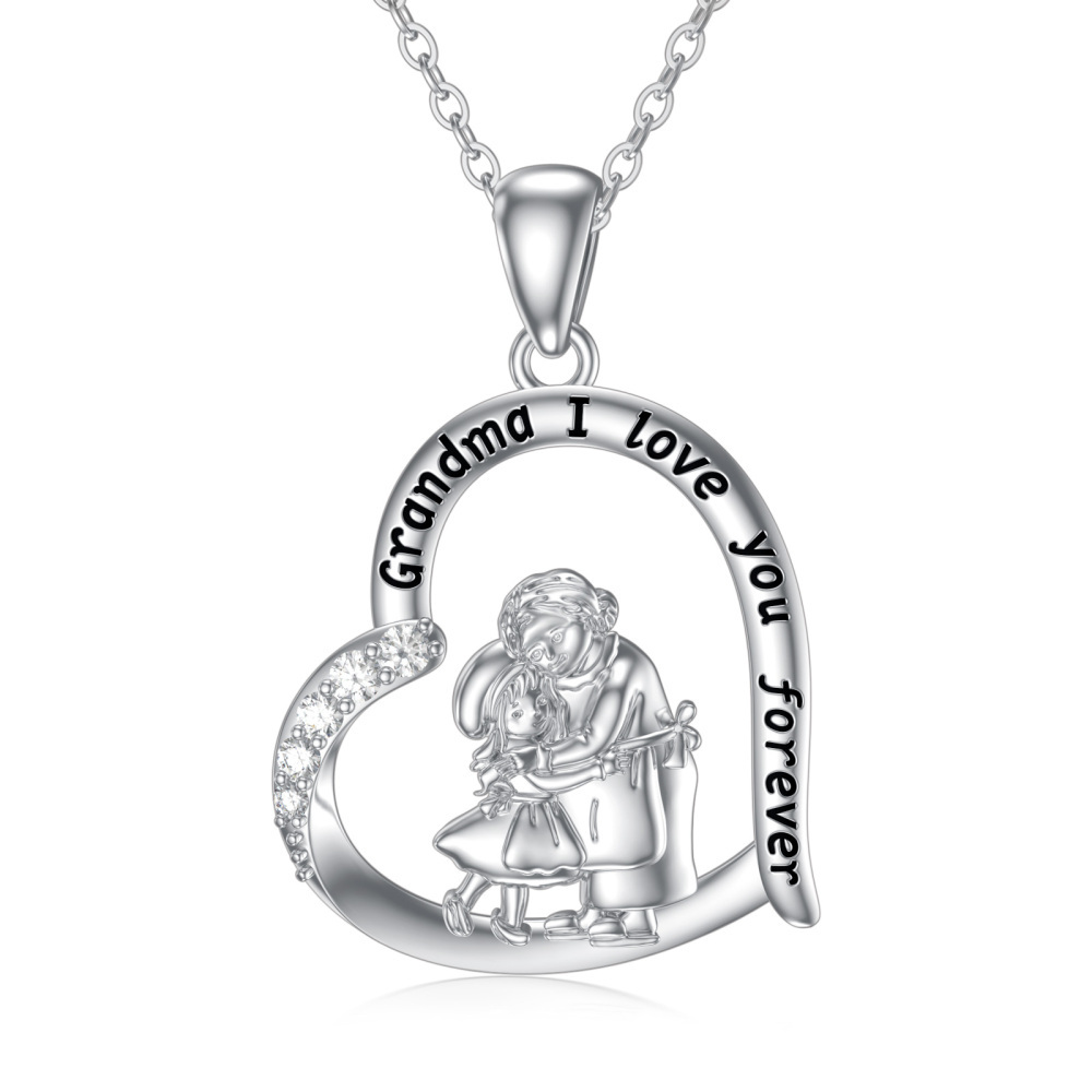 Cubic Zirconia Grandmother and Granddaughter Necklace in White Gold Plated Sterling Silver-1