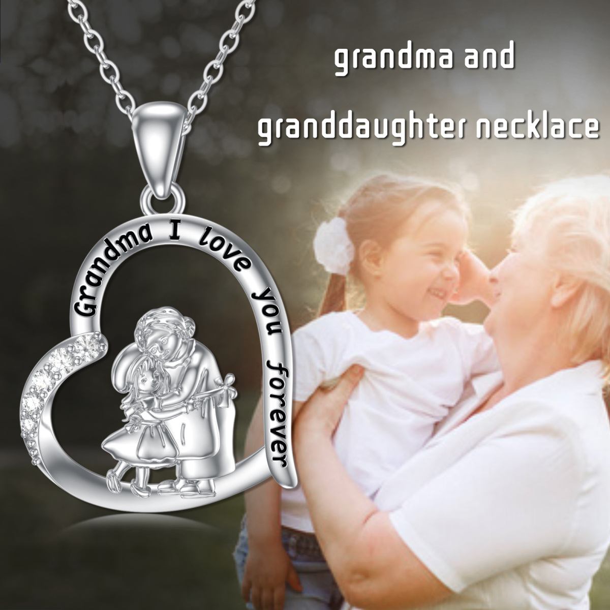 Cubic Zirconia Grandmother and Granddaughter Necklace in White Gold Plated Sterling Silver-3