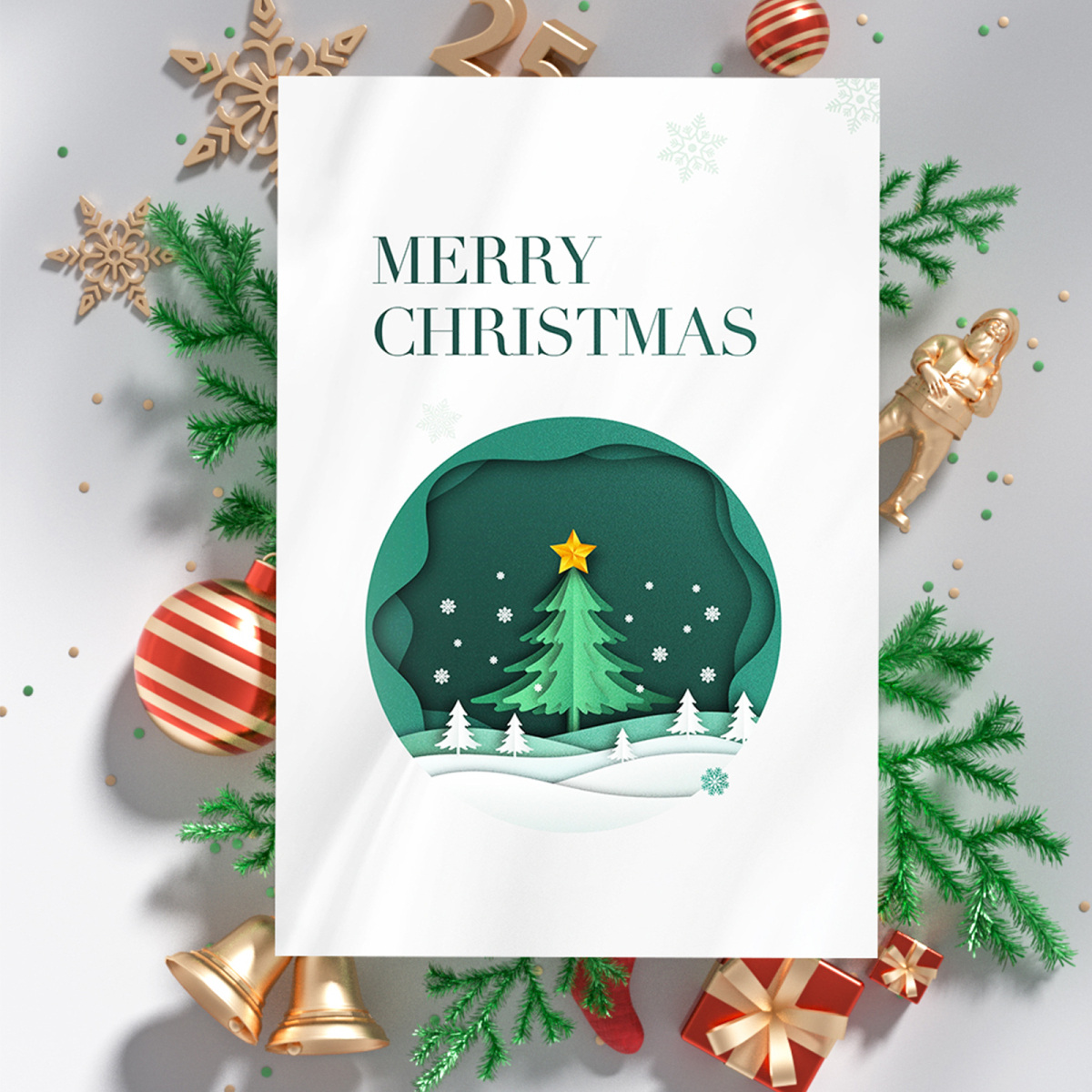 Green Christmas Tree & Snowflake Greeting Cards-1