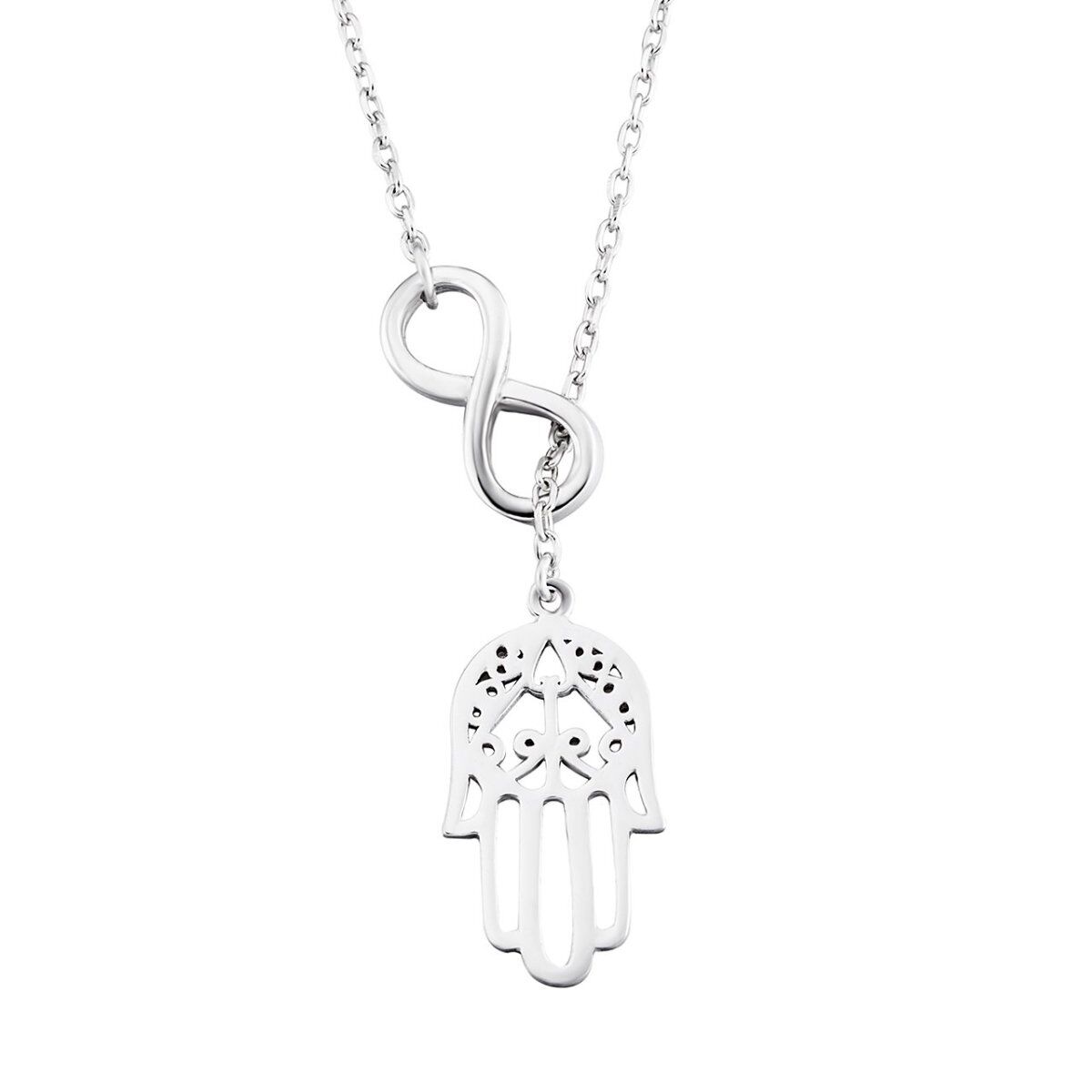 Colar ajustável em Y com símbolo do infinito e mão de Hamsa em prata esterlina-1