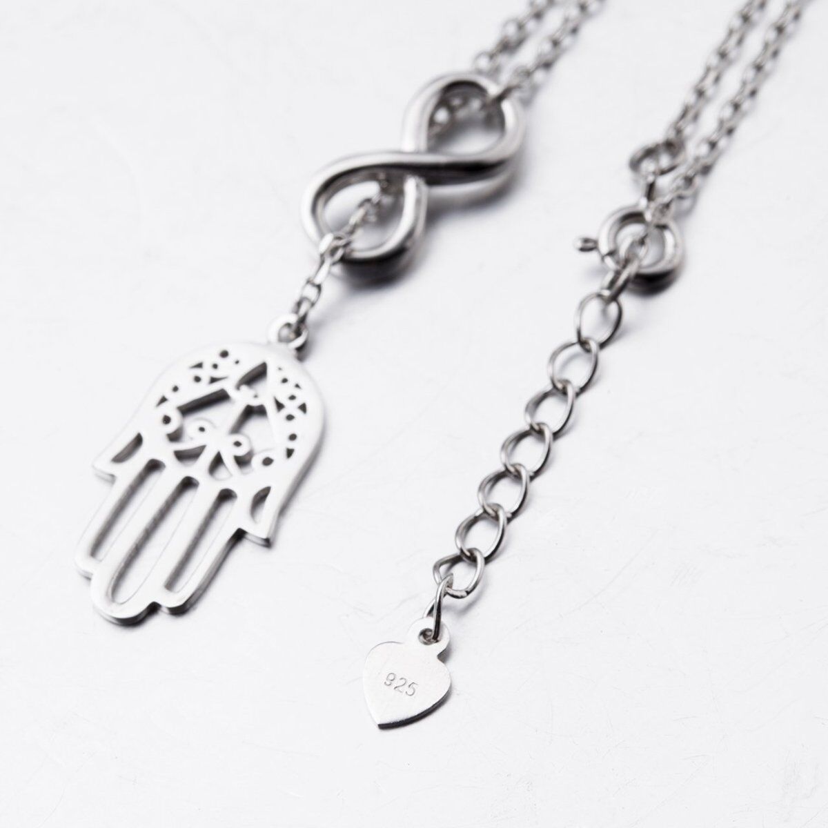 Sterling Silver Hamsa Hand & Infinity Symbol Adjustable Y Necklace-3