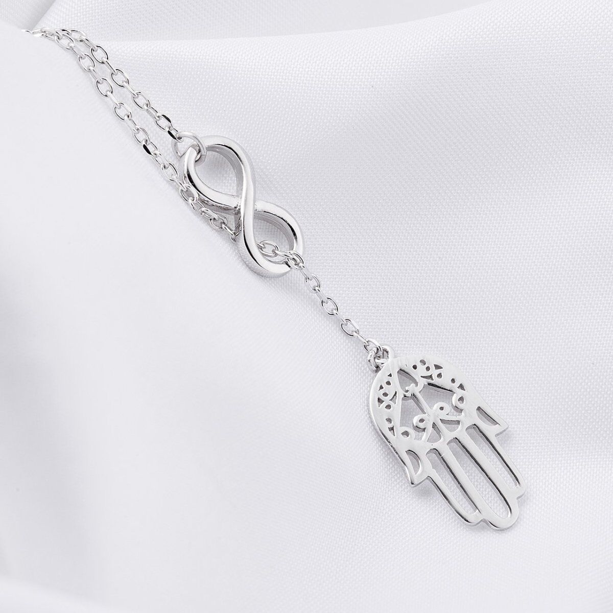 Sterling Silver Hamsa Hand & Infinity Symbol Adjustable Y Necklace-4