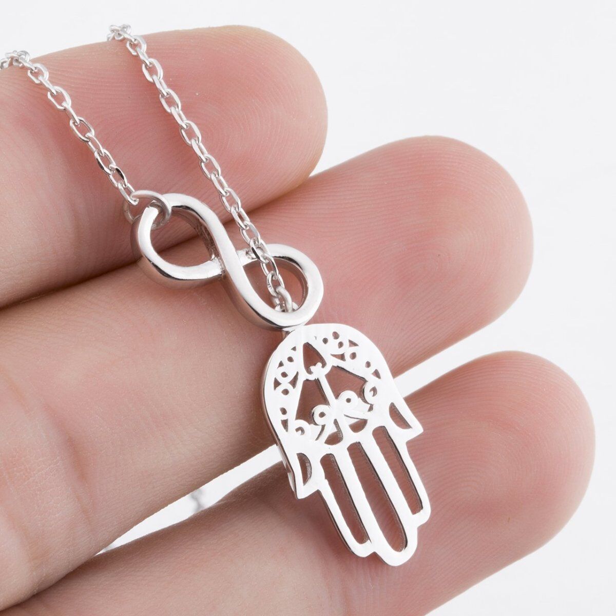 Colar ajustável em Y com símbolo do infinito e mão de Hamsa em prata esterlina-5