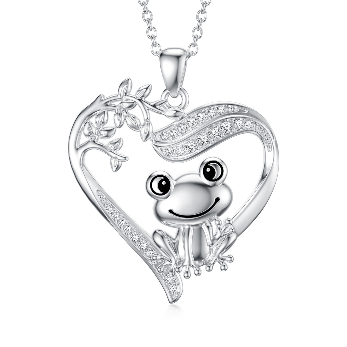 Sterling Silver Cubic Zirconia Frog & Tree Of Life & Heart Pendant Necklace-1