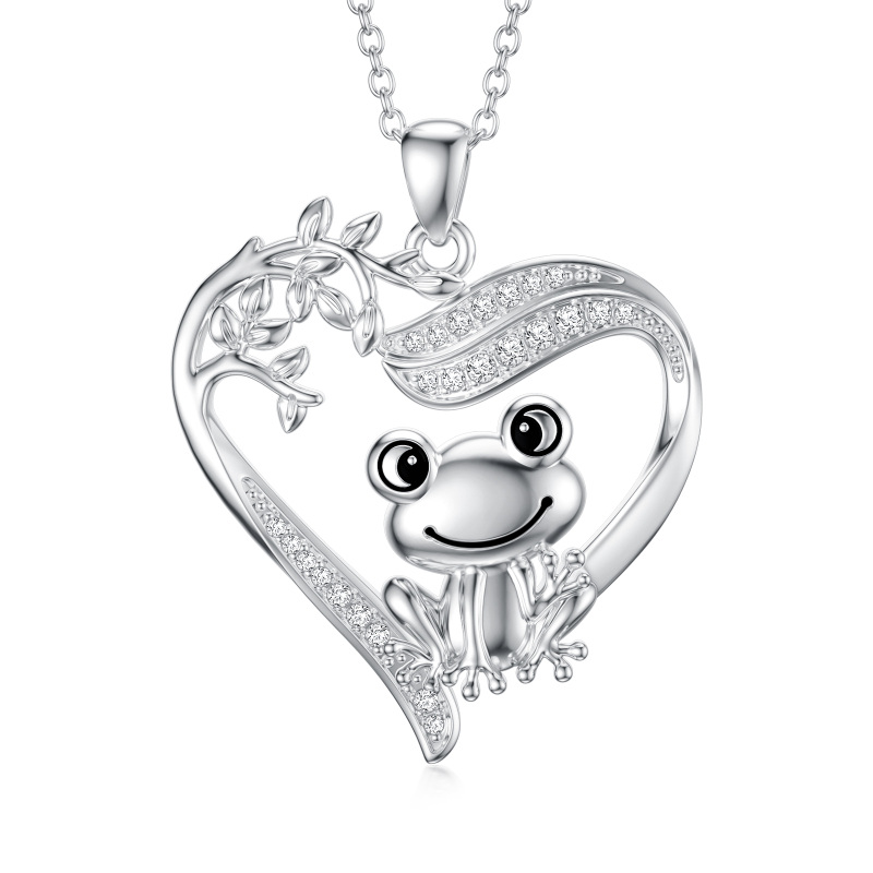 Sterling Silver Cubic Zirconia Frog & Tree Of Life & Heart Pendant Necklace-9