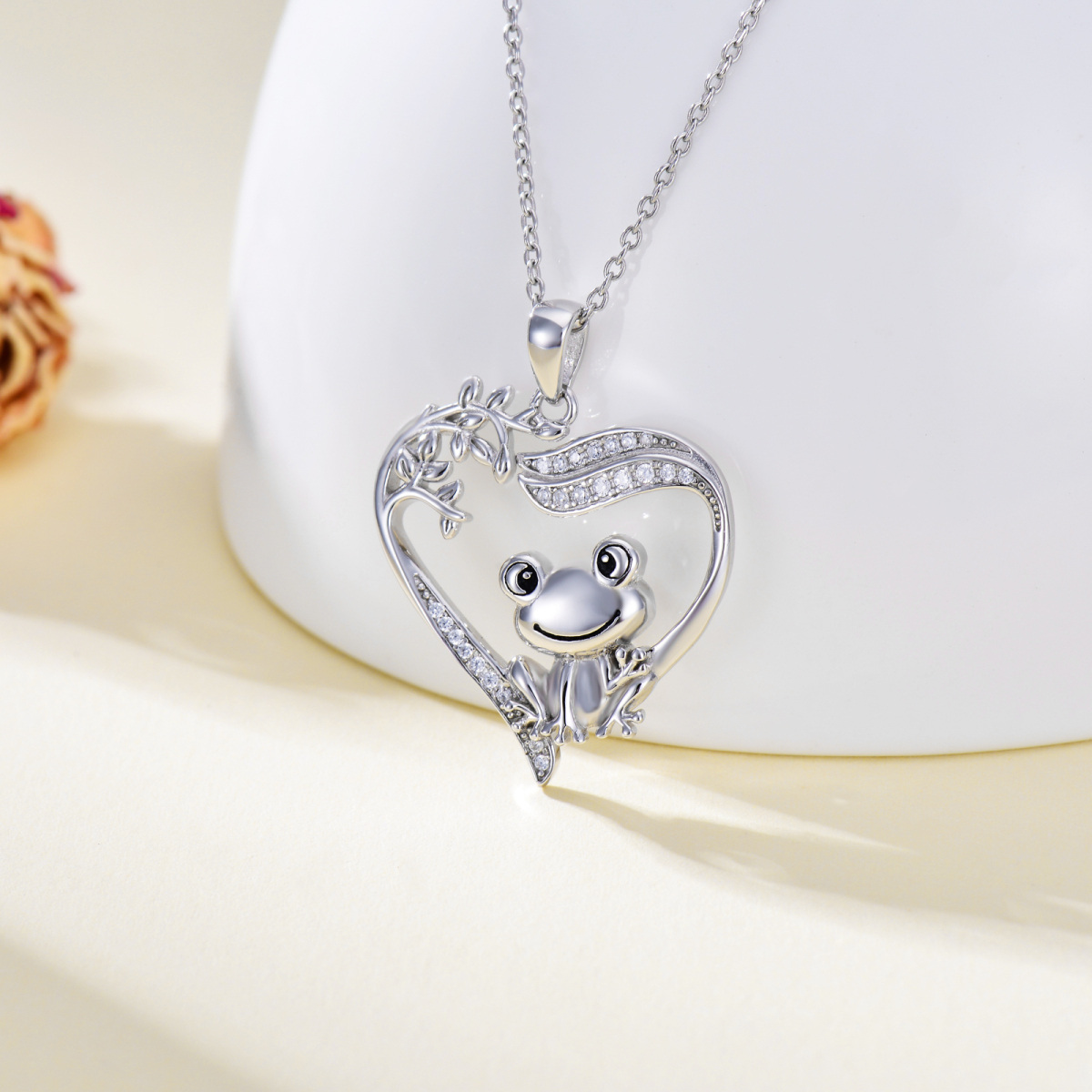 Sterling Silver Cubic Zirconia Frog & Tree Of Life & Heart Pendant Necklace-4