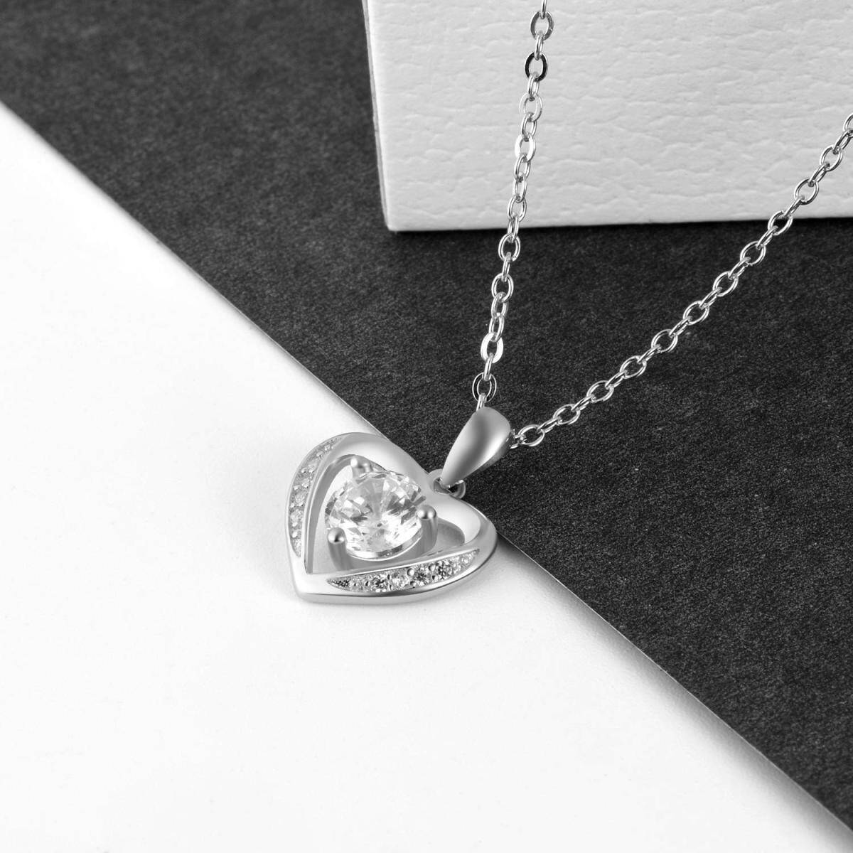 Sterling Silver Cubic Zirconia Heart Pendant Necklace-4