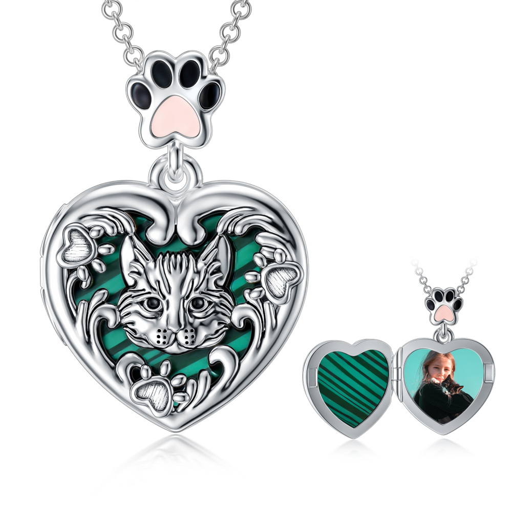 Colar com medalhão de foto personalizado em malaquita de prata esterlina com pata de gato-1