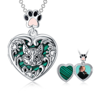 Sterling Silver Malachite Cat & Paw & Personalized Photo Locket Necklace-5