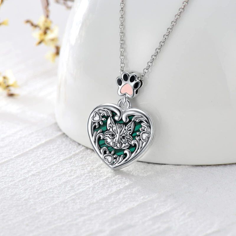 Sterling Silver Malachite Cat & Paw & Personalized Photo Locket Necklace-3