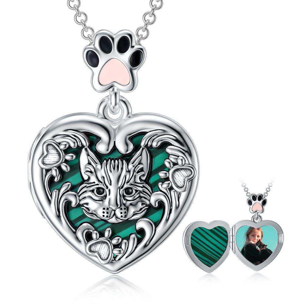 Colar com medalhão de foto personalizado em malaquita de prata esterlina com pata de gato-4