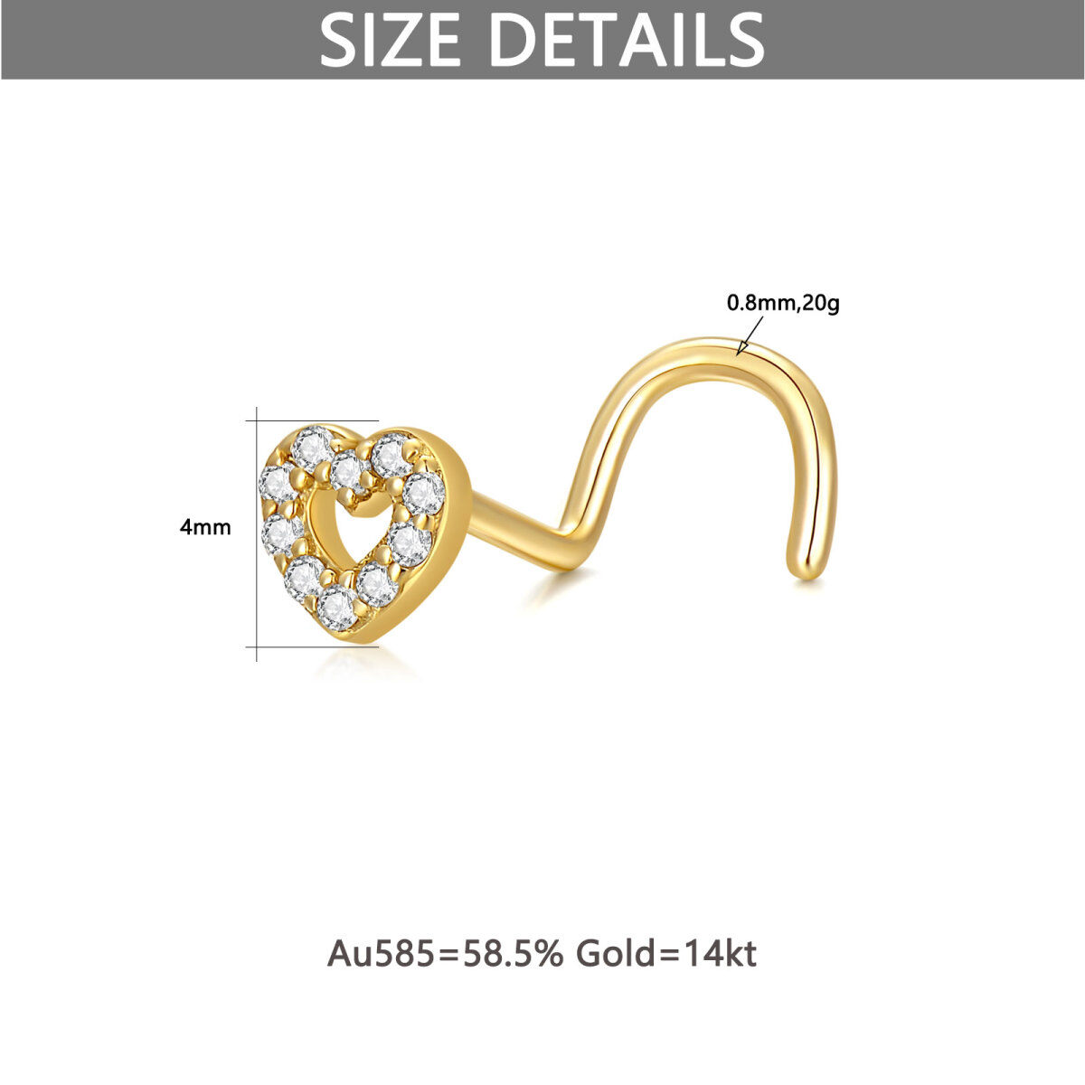 Anello al naso a forma di cuore in zirconia cubica in oro 18K-5