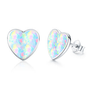 Sterling Silver Opal Heart Stud Earrings-3